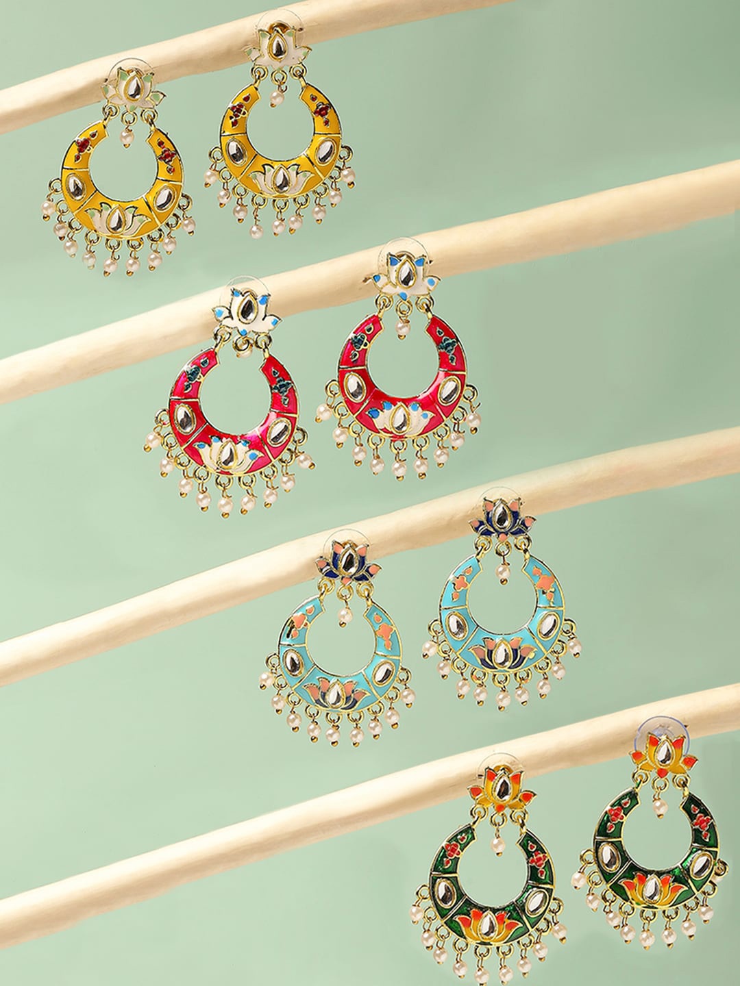 

OOMPH Set Of 4 Floral Meenakari Chandbali, Turquoise blue