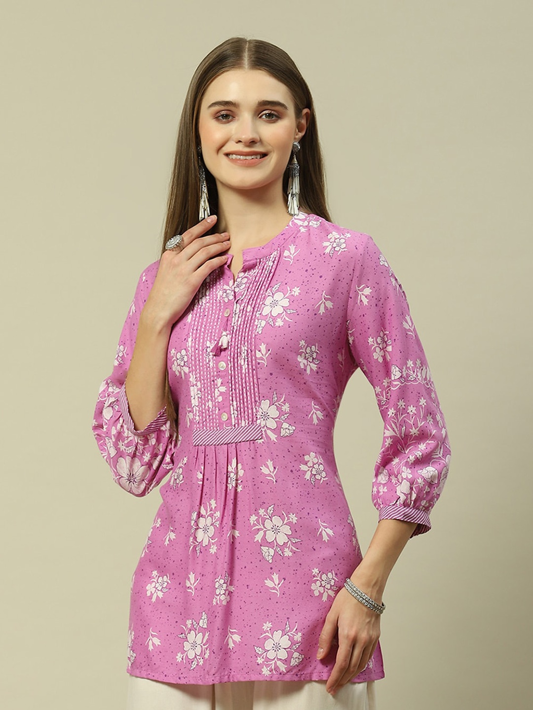 

Rangriti Floral Printed Mandarin Collar Shirt Style Top, Lavender