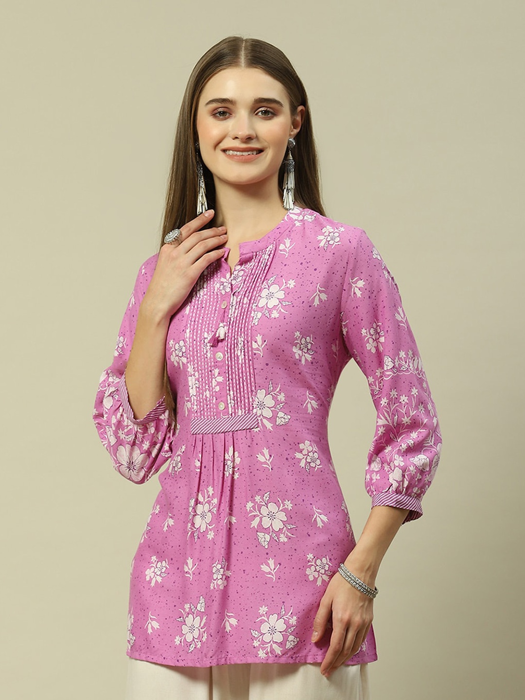 

Rangriti Floral Printed Mandarin Collar Shirt Style Top, Lavender