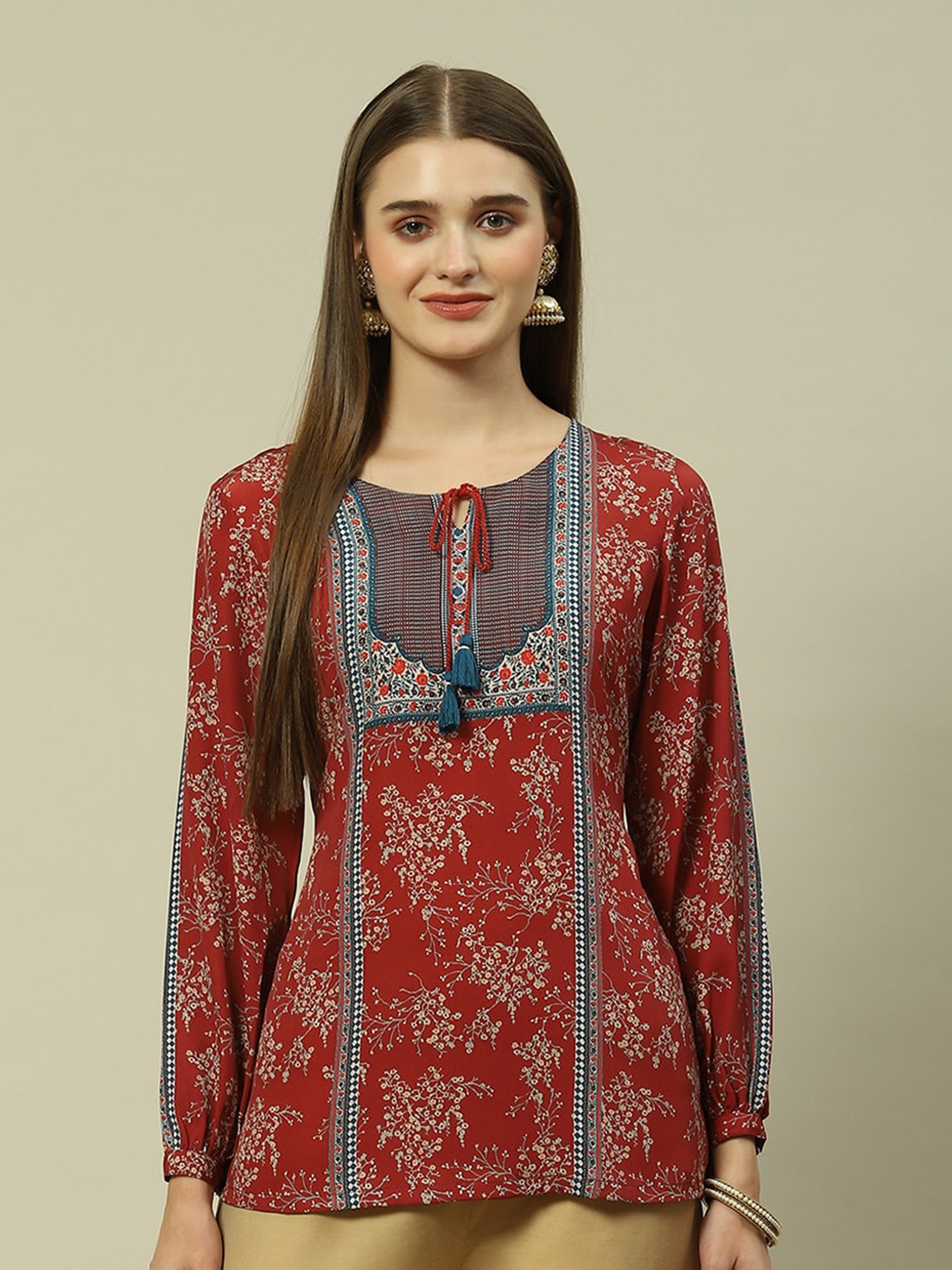 

Rangriti Ethnic Motifs Printed Tie-Up Neck Top, Rust