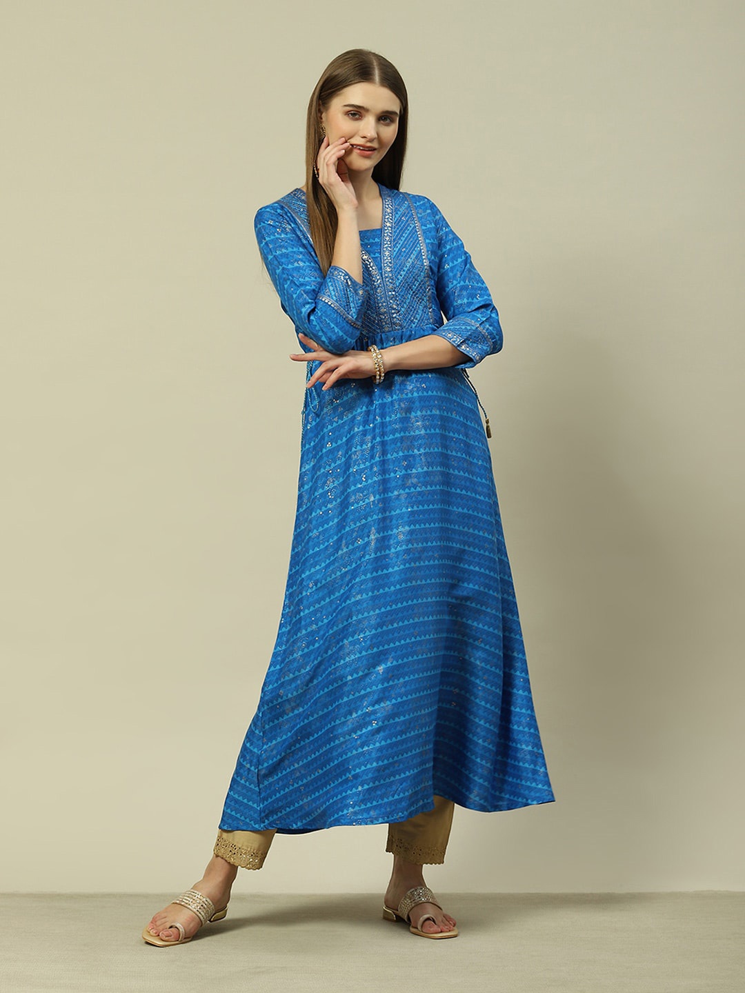 

Rangriti Printed Thread Work A-Line Kurta, Blue