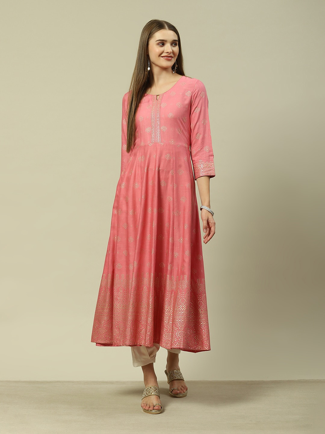 

Rangriti Floral Foil Printed Anarkali Kurta, Pink