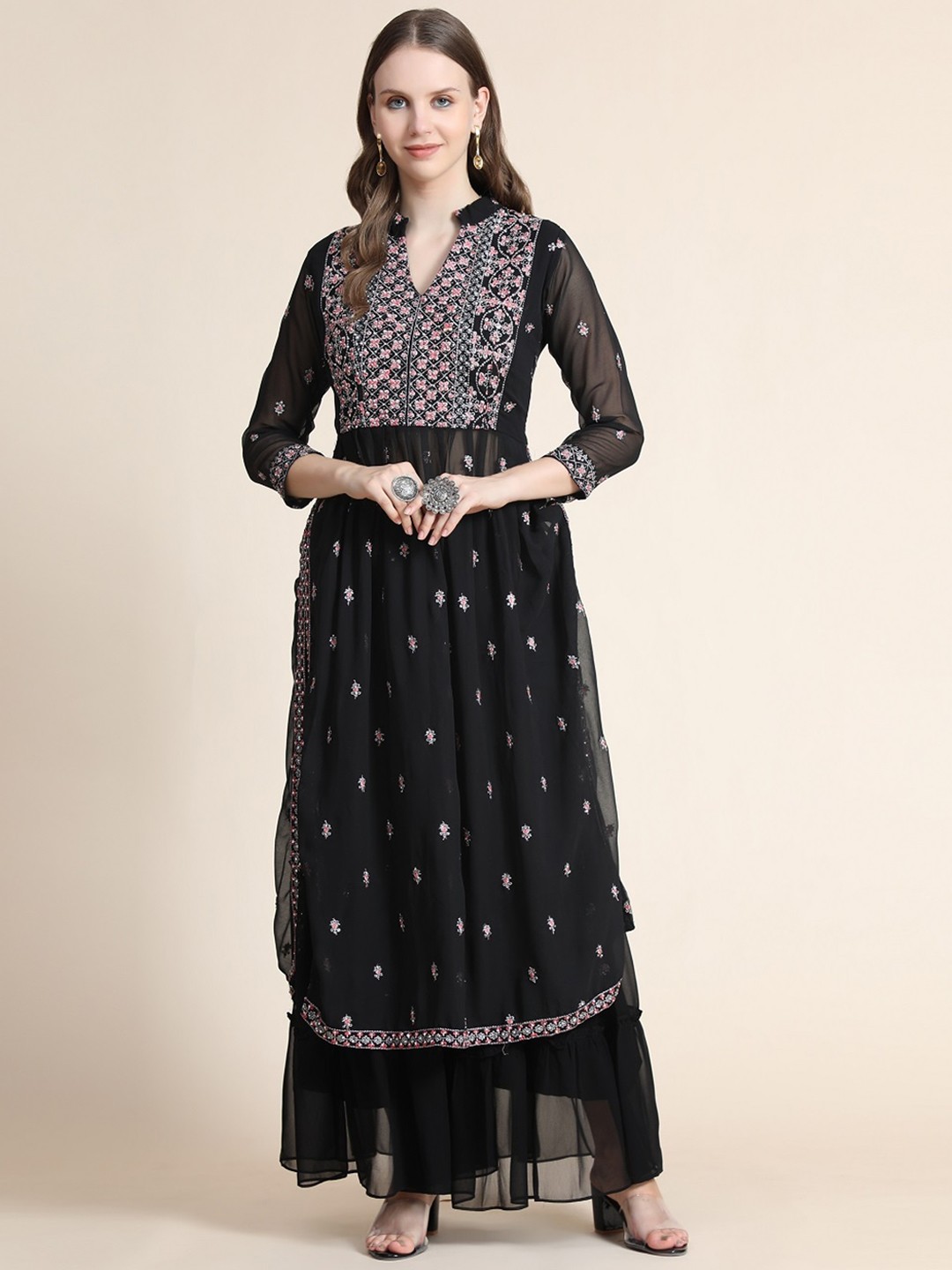 

BLACK SCISSOR Ethnic Motifs Embroidered Beads and Stones Straight Kurta with Sharara