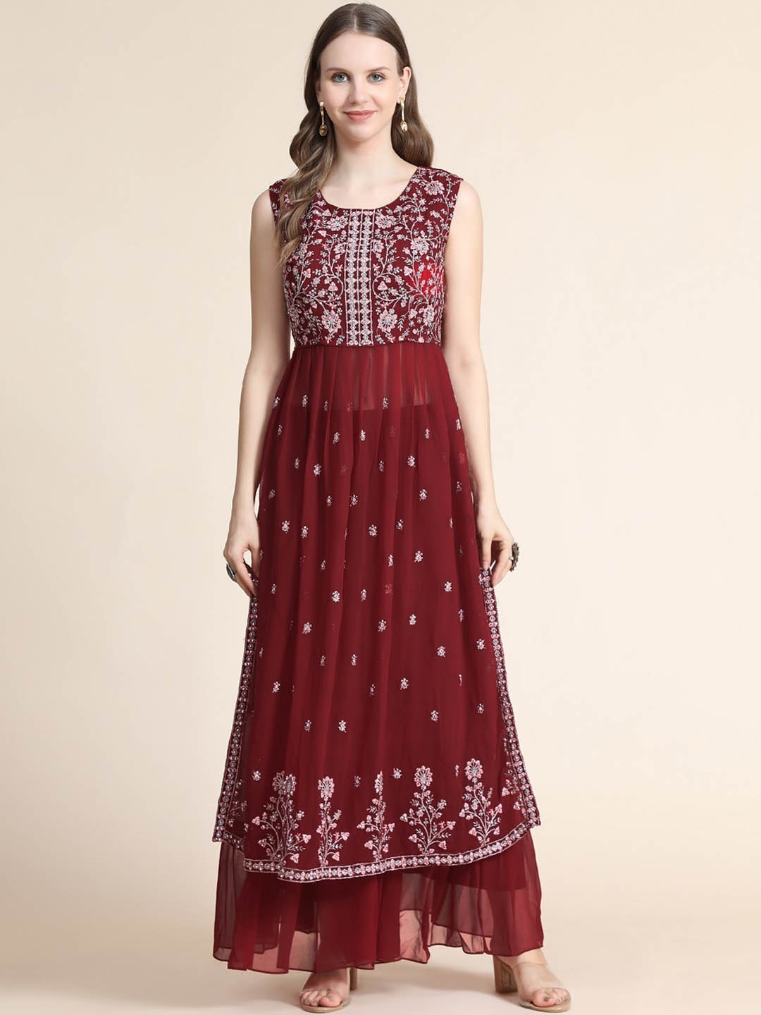 

BLACK SCISSOR Ethnic Motifs Embroidered Beads and Stones Straight Kurta with Sharara, Maroon