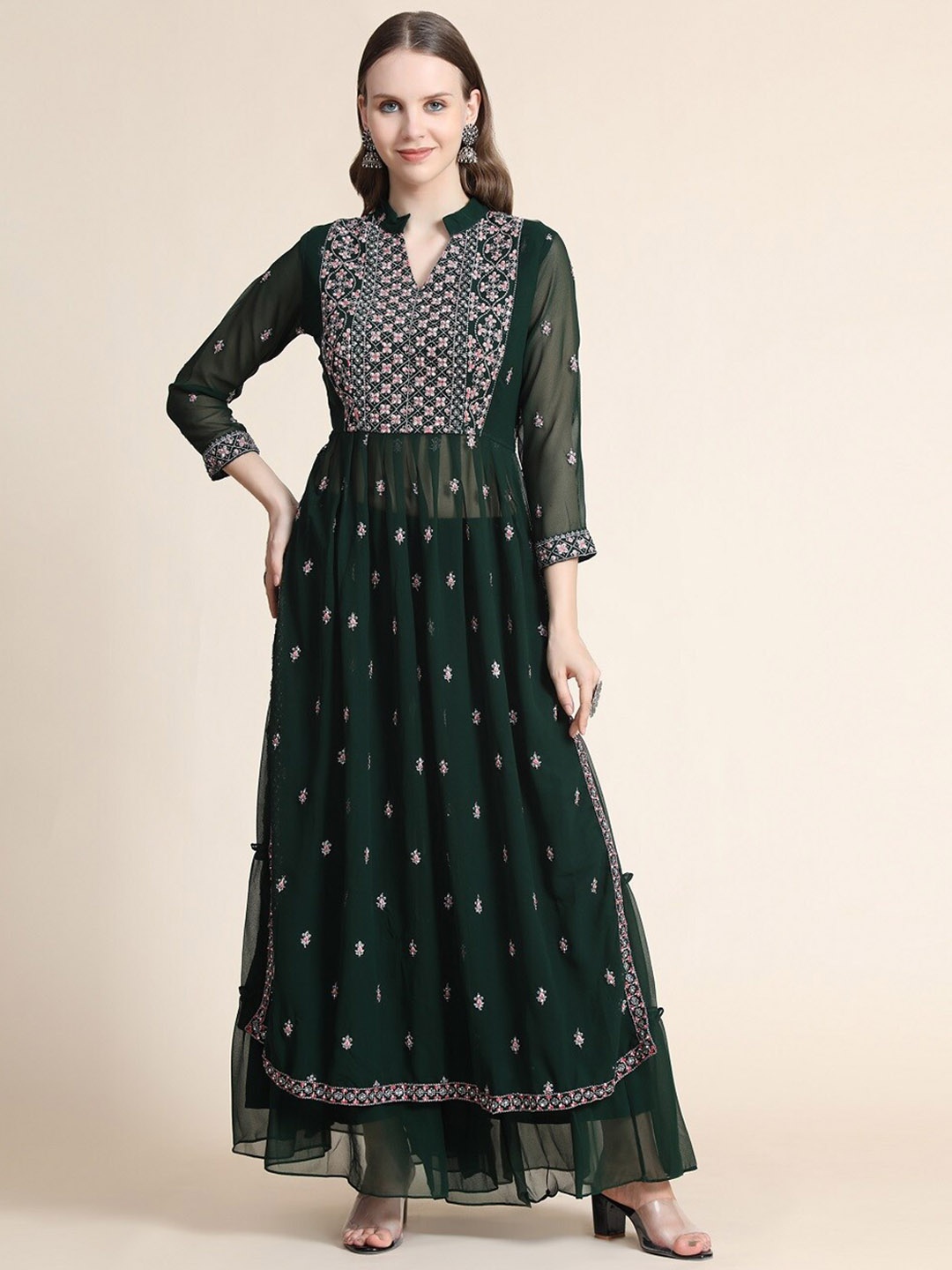 

BLACK SCISSOR Ethnic Motifs Embroidered Thread Work Kurta with Sharara, Green