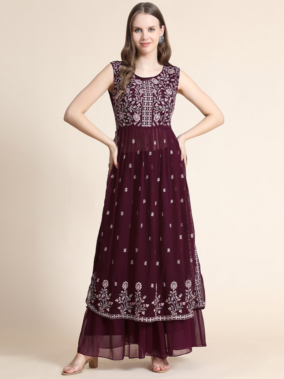 

BLACK SCISSOR Ethnic Motifs Embroidered Kurta with Sharara, Maroon