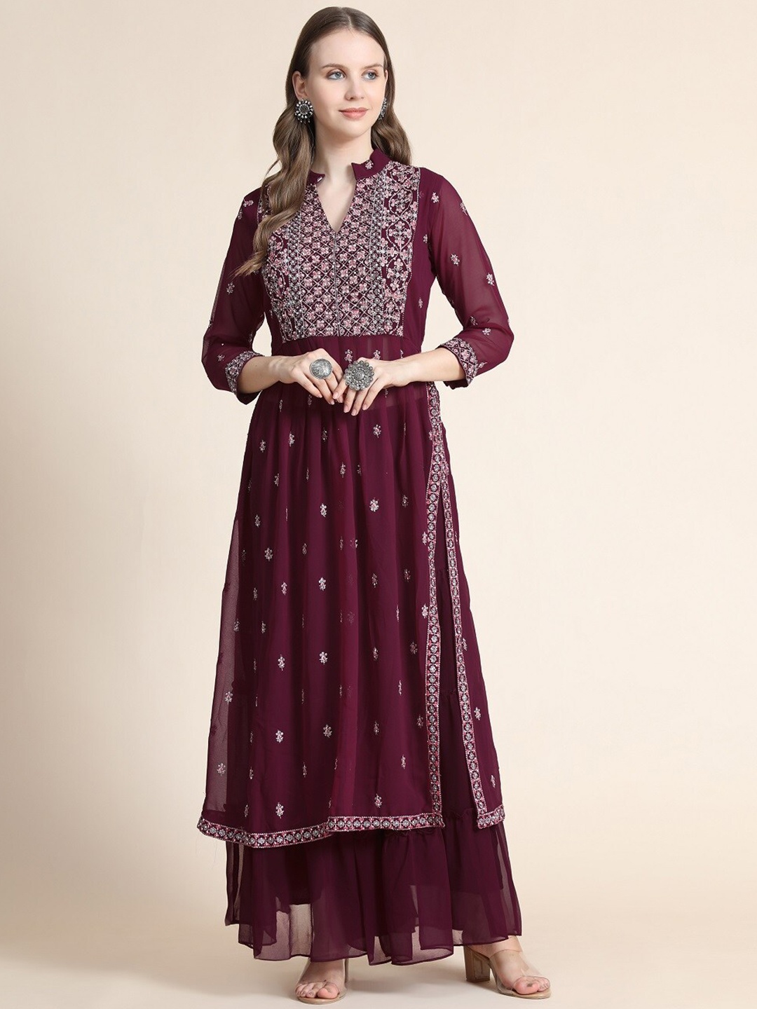 

BLACK SCISSOR Ethnic Motifs Embroidered Kurta with Sharara, Maroon