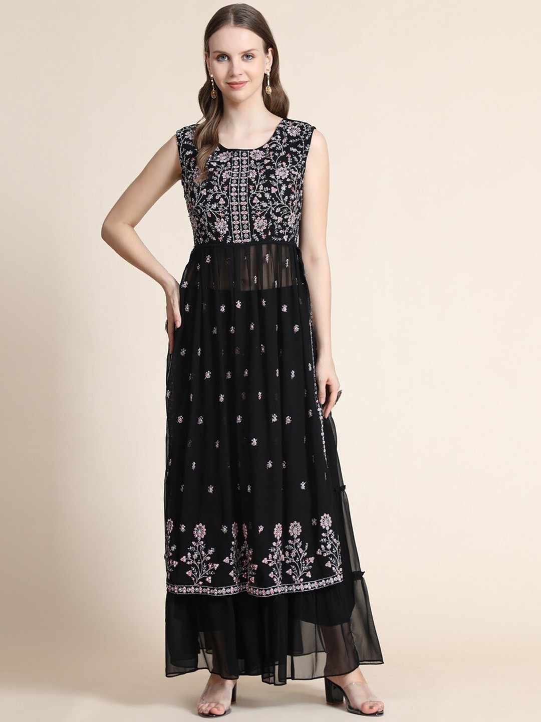 

BLACK SCISSOR Floral Embroidered Regular Kurta with Sharara