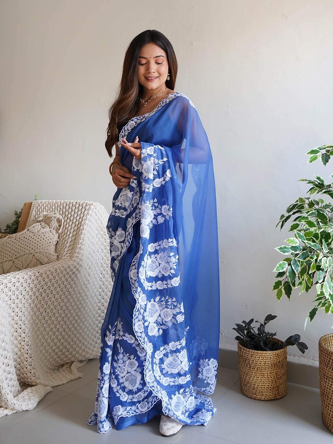 

VEECHIS Floral Embroidered Organza Saree, Blue