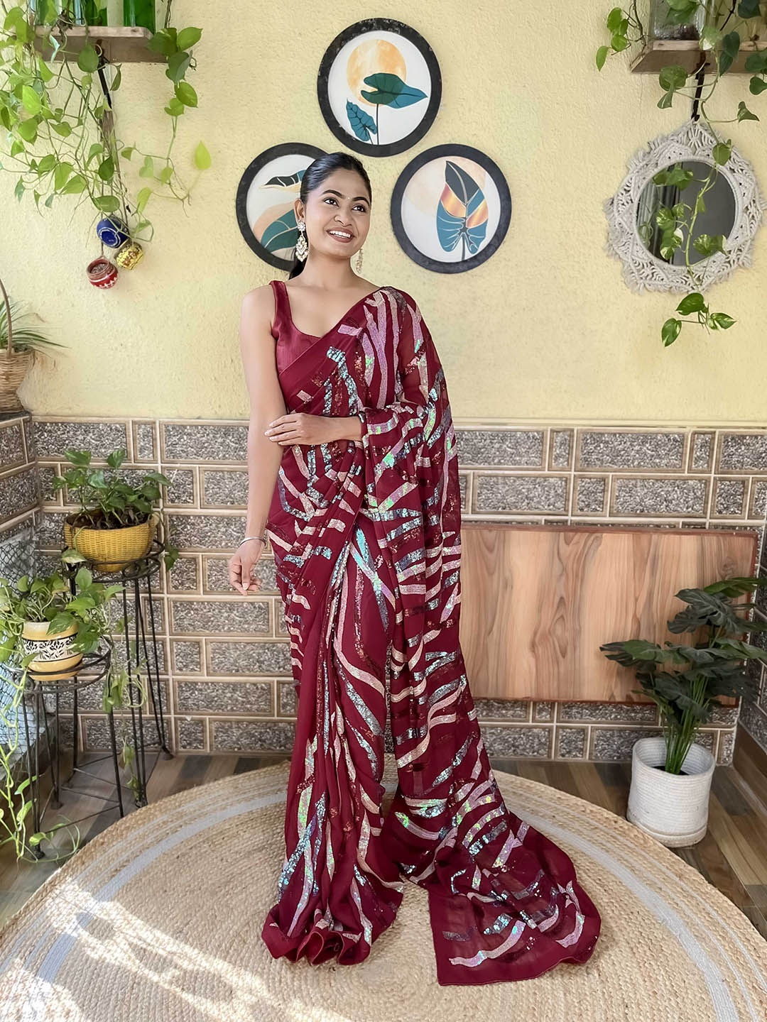 

Mitera Sequin Embellished Saree, Red