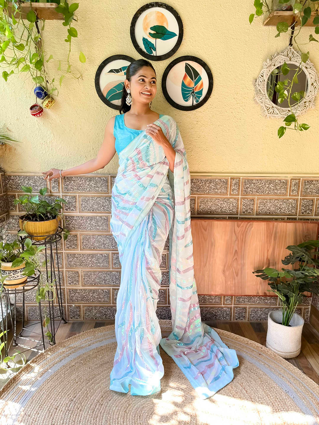 

Mitera Blue & White Embellished Sequinned Saree