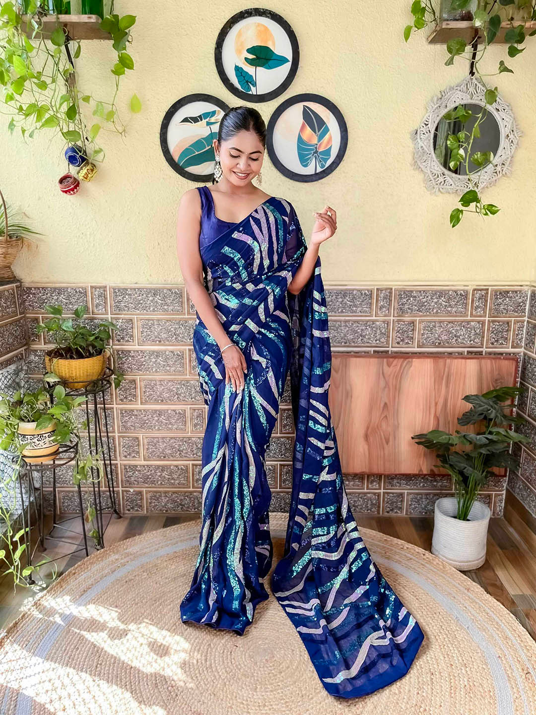 

Mitera Navy Blue Embellished Sequinned Saree