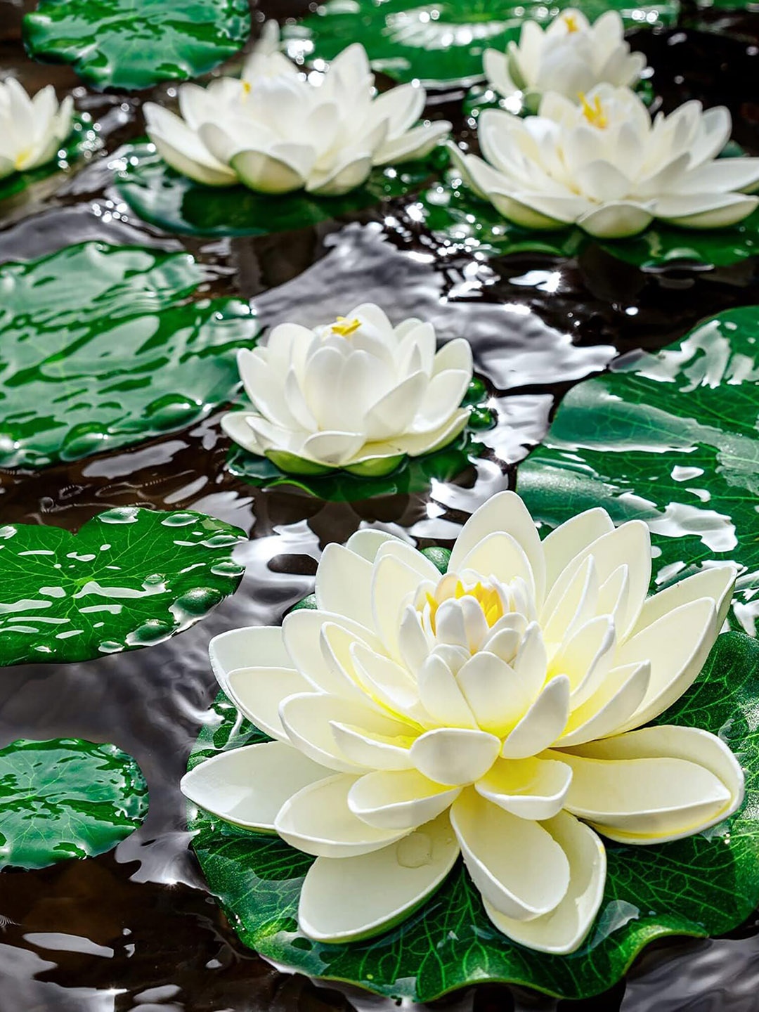 

Homesake White & Green 6 Pieces Lotus Artificial Flower With Water Lily Pad