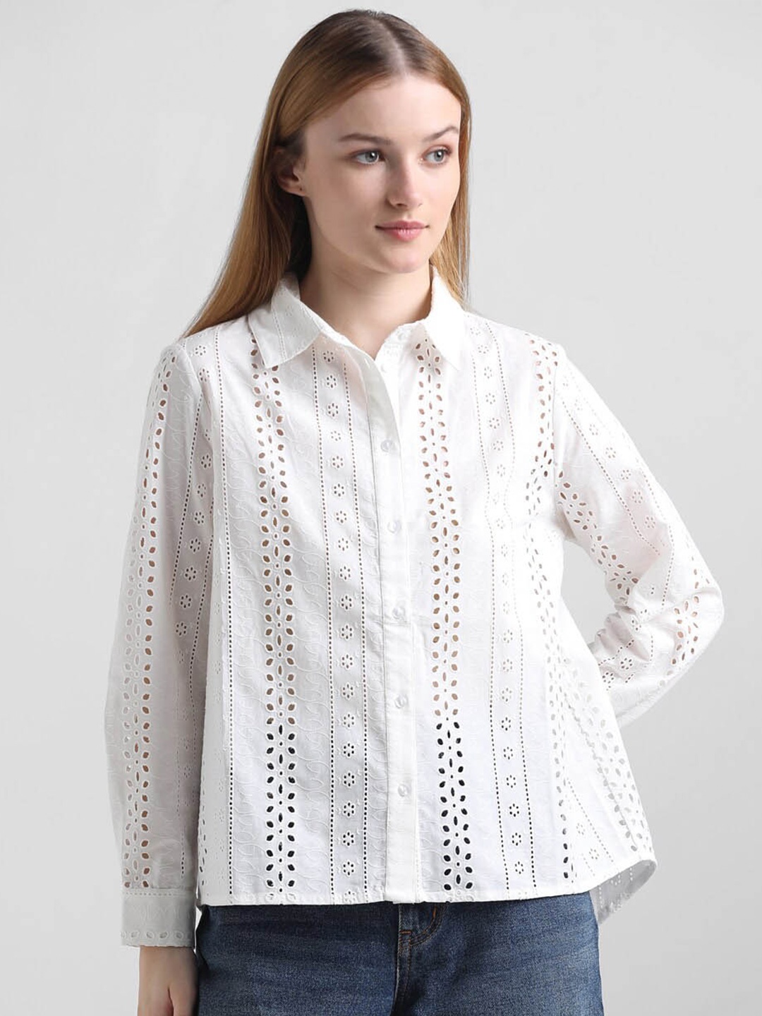 

ONLY Onl Uexbaron LS Self Design Semi Sheer Pure Cotton Casual Shirt, White