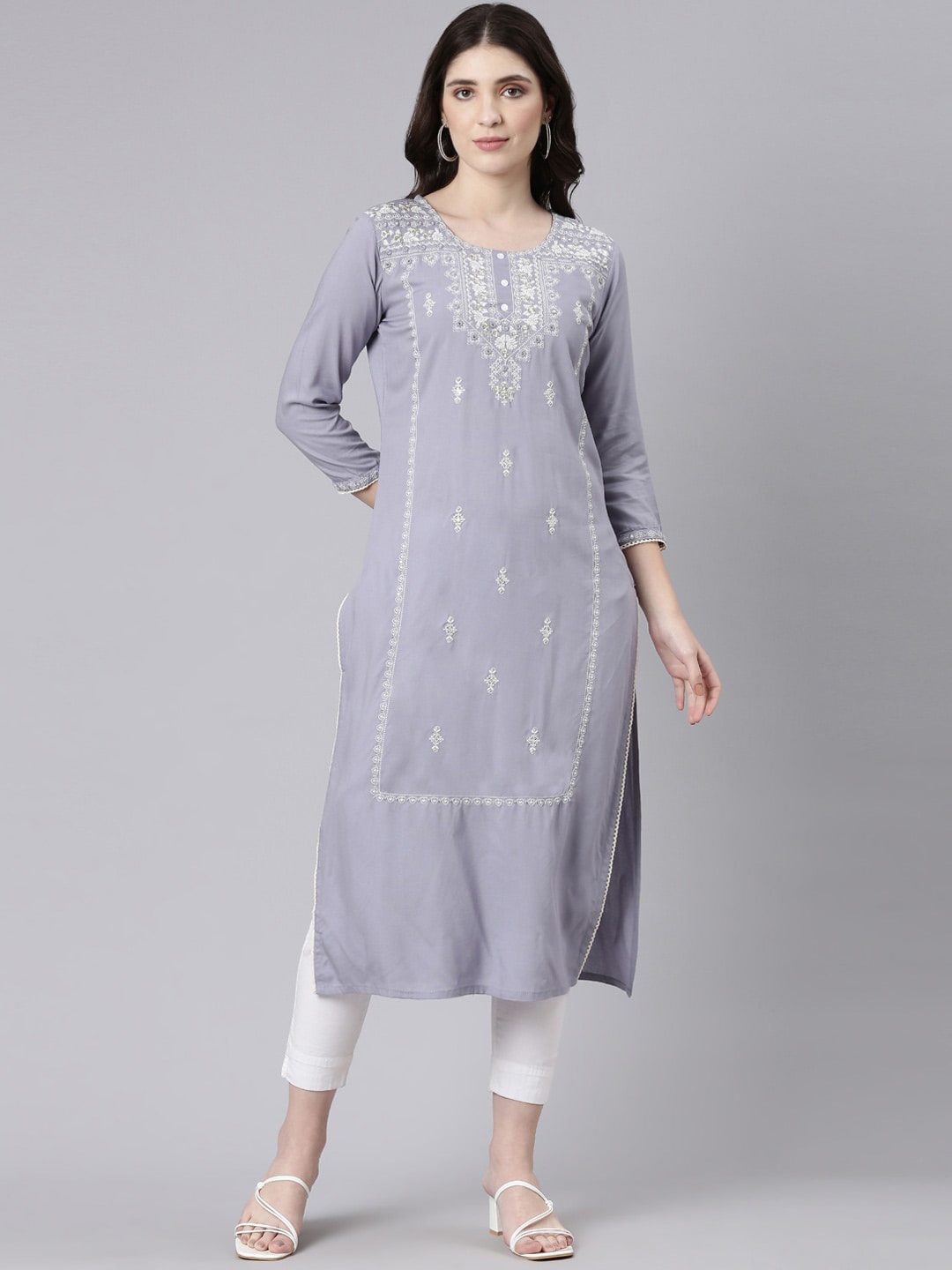 

Neerus Ethnic Motifs Printed A-Line Kurta, Grey