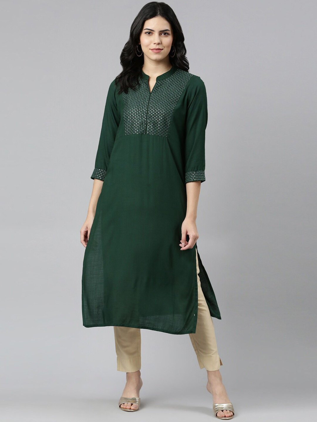 

Neerus Sequinned Yoke Design Straight Kurta, Green