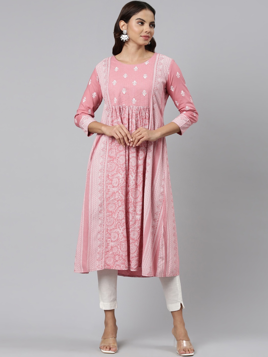 

Neerus Ethnic Motifs Printed Thread Work Anarkali Cotton Kurta, Pink