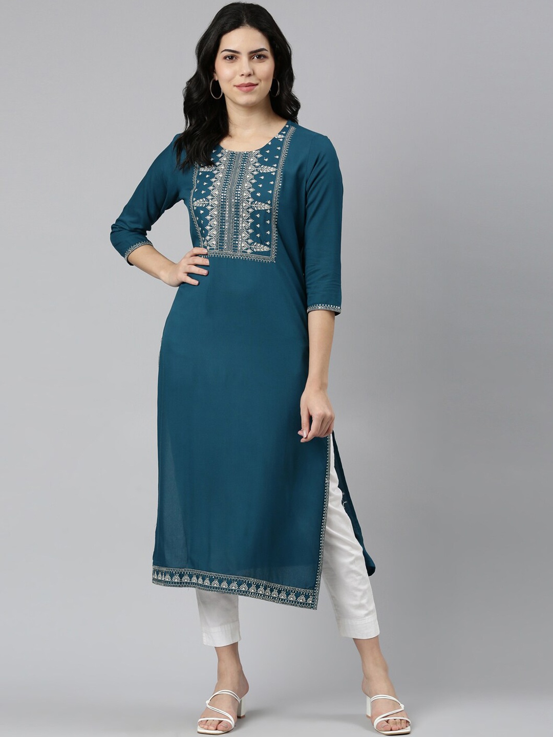 

Neerus Ethnic Motifs Yoke Design Thread Work Kurta, Teal
