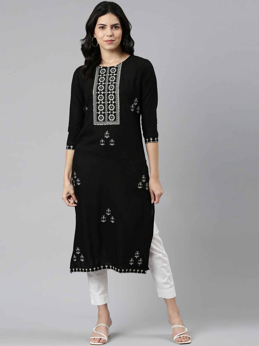 

Neerus Ethnic Motifs Printed Round Neck Sequinned Straight Kurta, Black