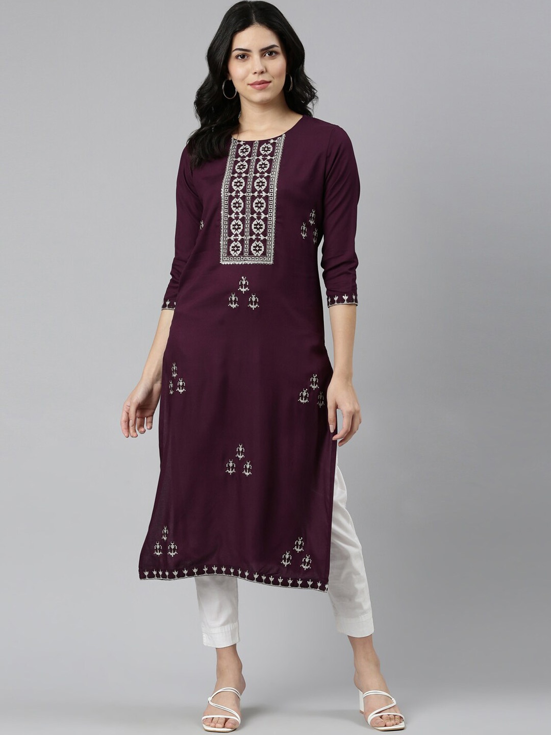 

Neerus Ethnic Motifs Yoke Design Thread Work Kurta, Purple