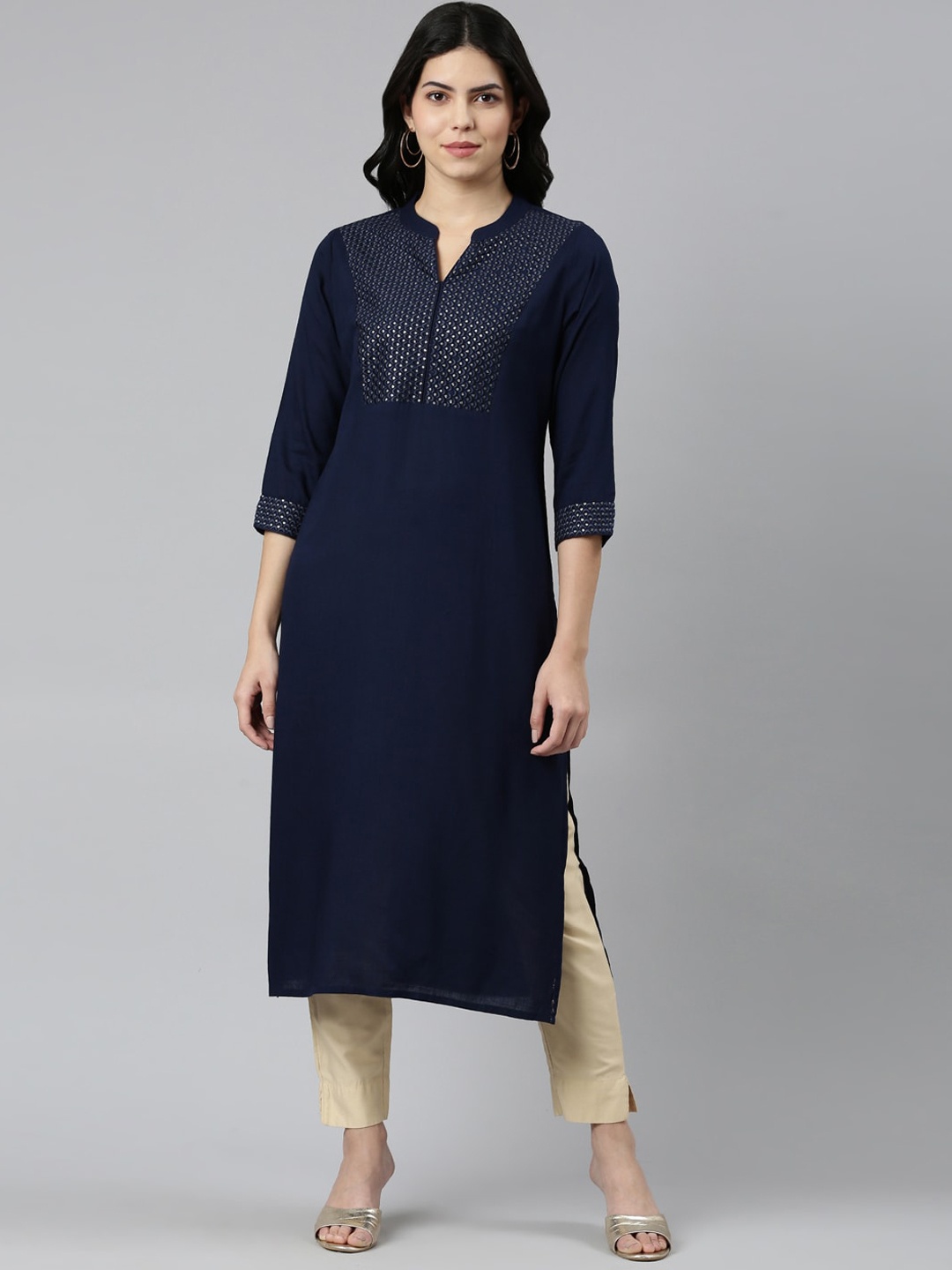

Neerus Sequinned Yoke Design Straight Kurta, Navy blue