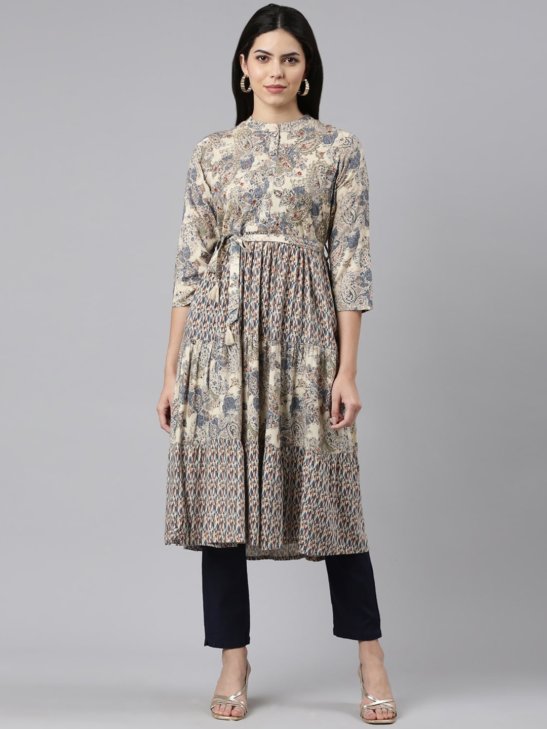 

Neerus Ethnic Motifs Printed Mandarin Collar Anarkali Kurta, Blue