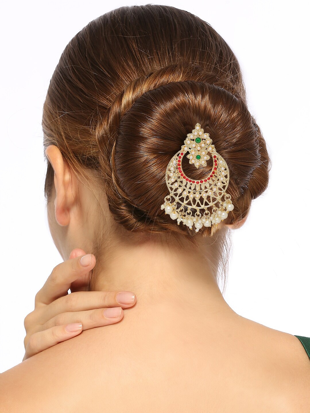 

OOMPH Kundan-Studded & Artificial Beaded Bun Pin, Red