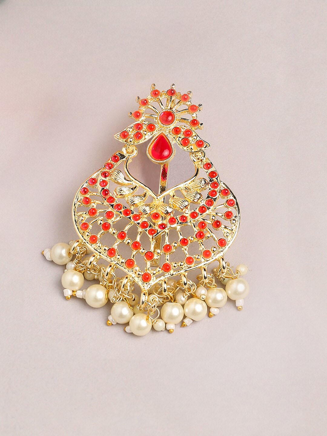 

OOMPH Kundan-Studded & Artificial Beaded Bun Pin, Red