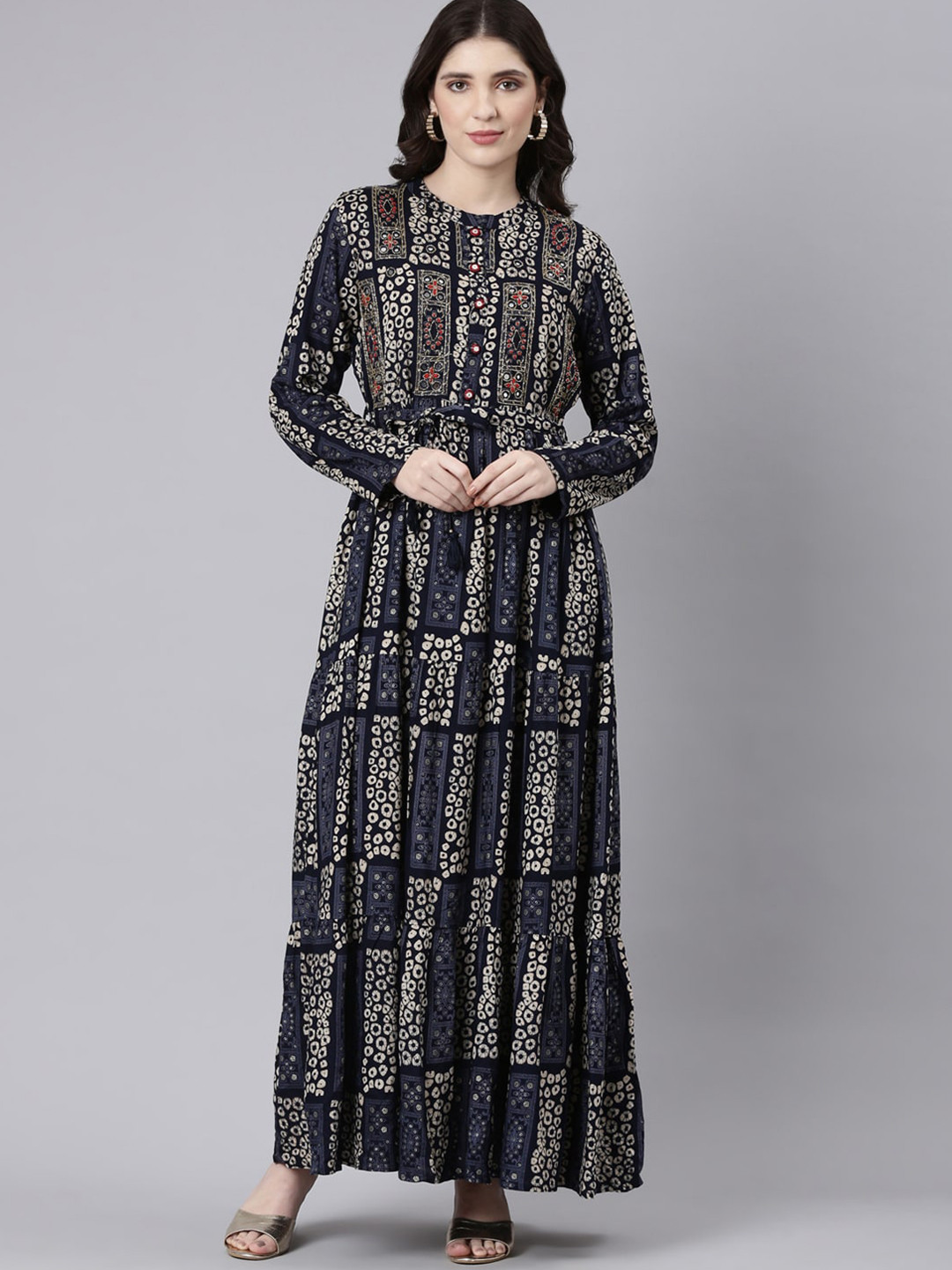 

Neerus Ethnic Motifs Printed Crepe Maxi Dress, Navy blue