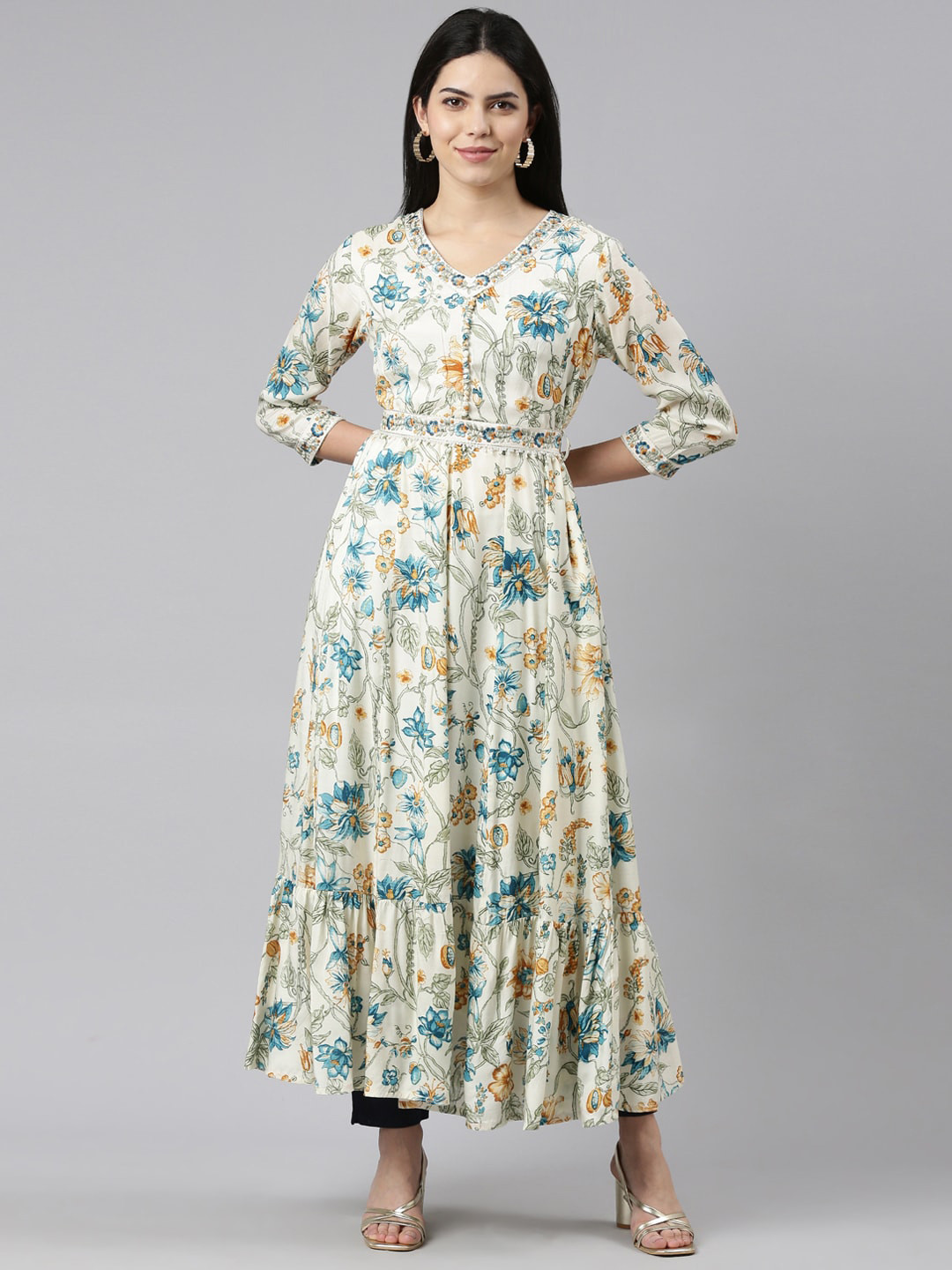

Neerus Floral Printed V-Neck A-Line Thread Work Kurta, Cream