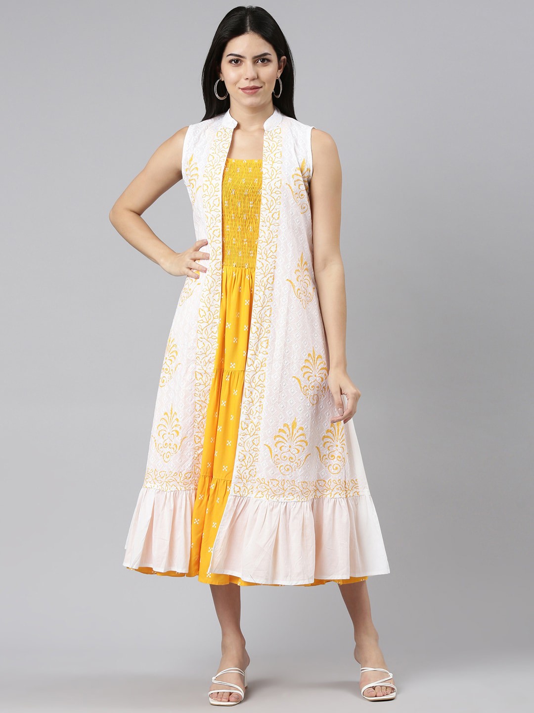 

Neerus Ethnic Motifs Printed Smocked Crepe A-Line Midi Dress, Mustard