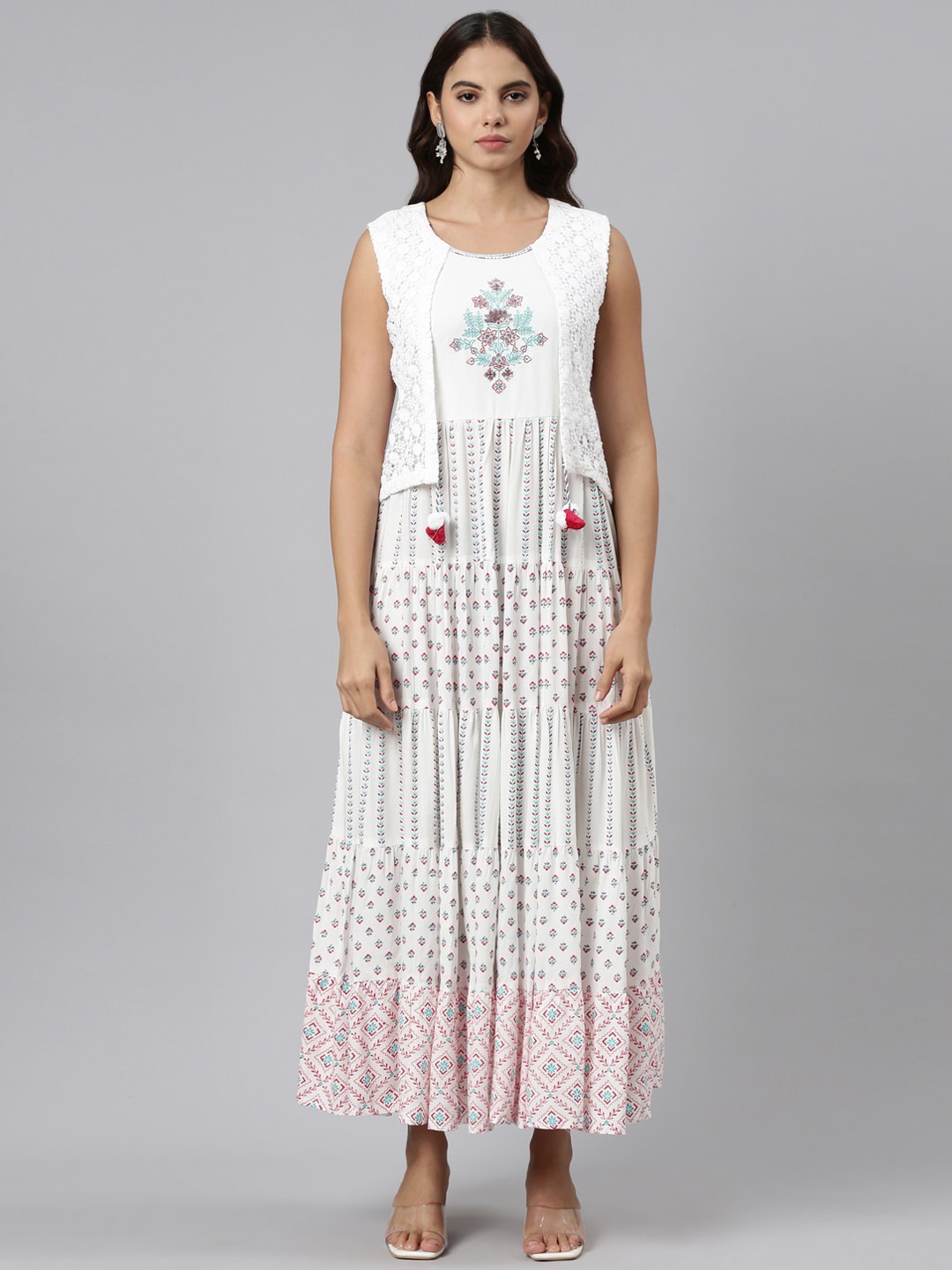

Neerus Floral Printed Layered Crepe A-Line Midi Dress, Off white