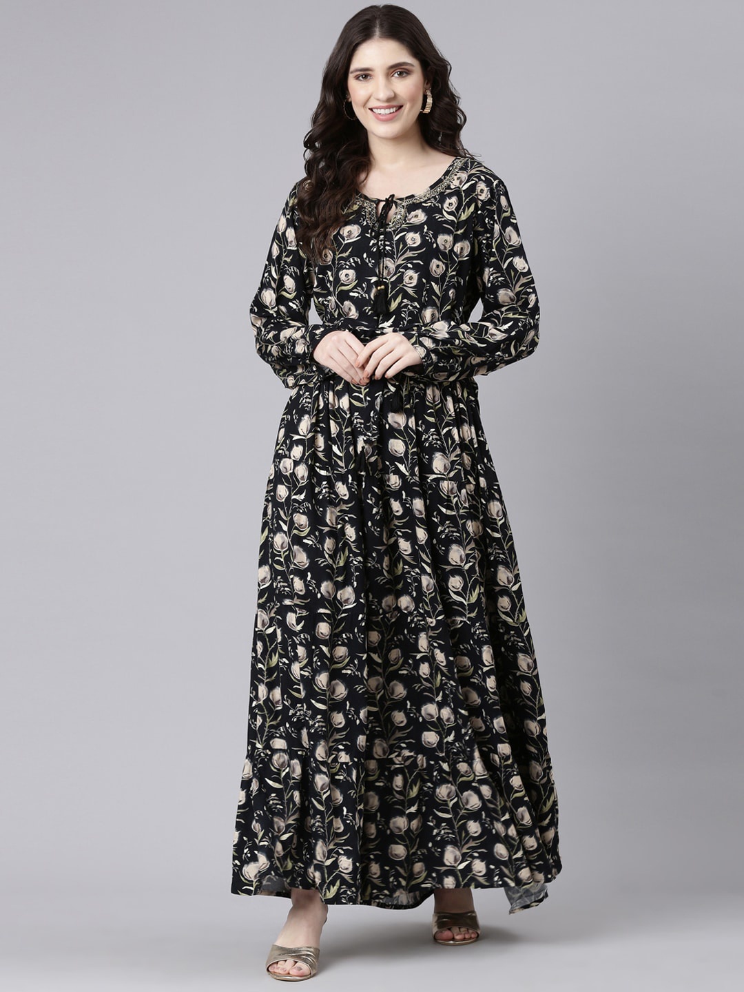 

Neerus Black Floral Printed Tie-Up Neck Crepe Maxi Dress