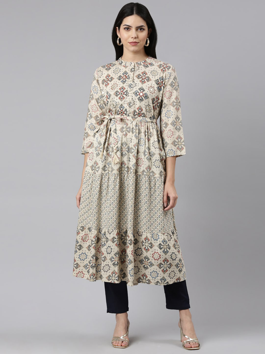 

Neerus Floral Printed Mandarin Collar A-Line Kurta, Cream