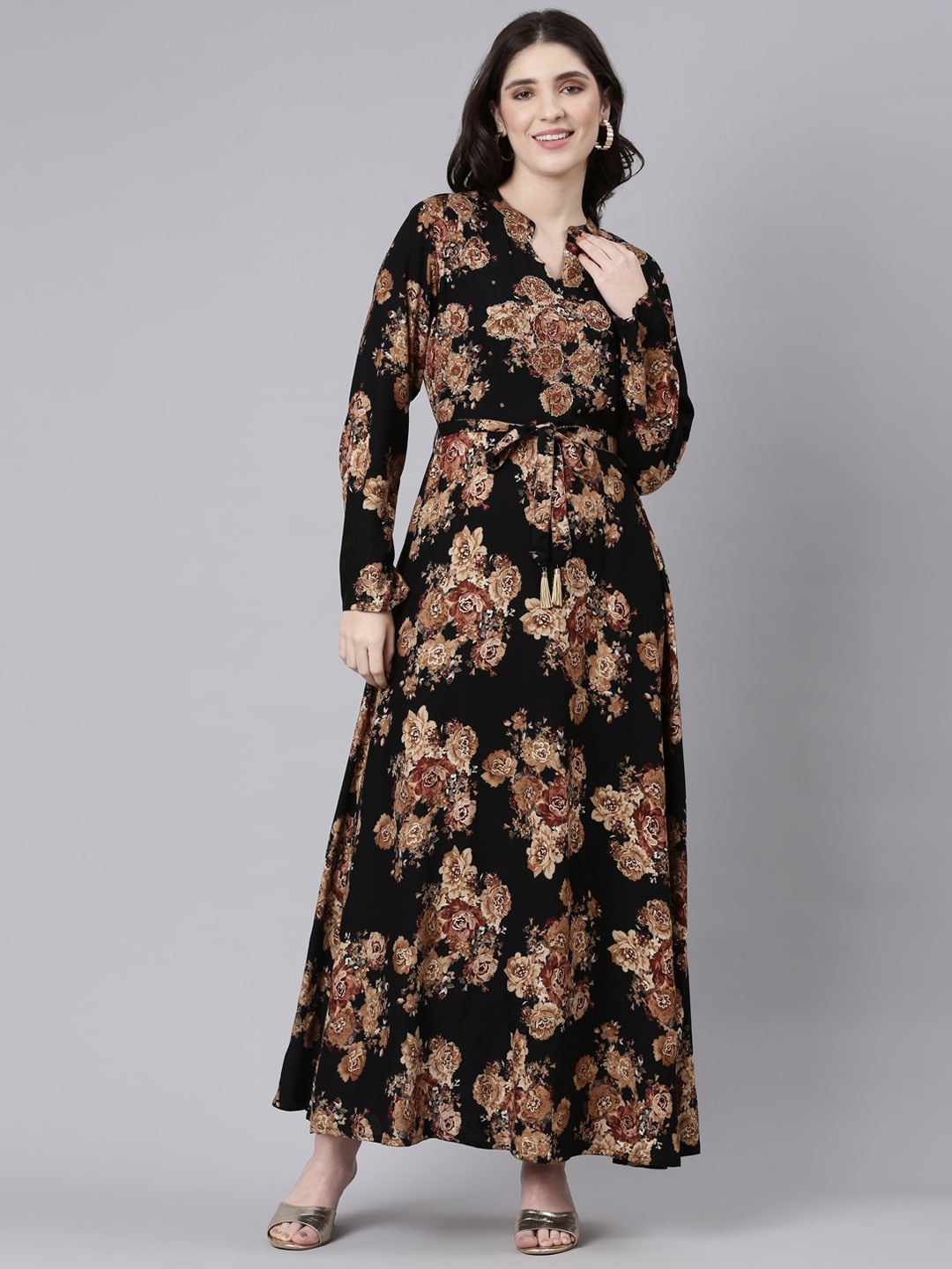 

Neerus Black Floral Printed Mandarin Collar Crepe Maxi Dress