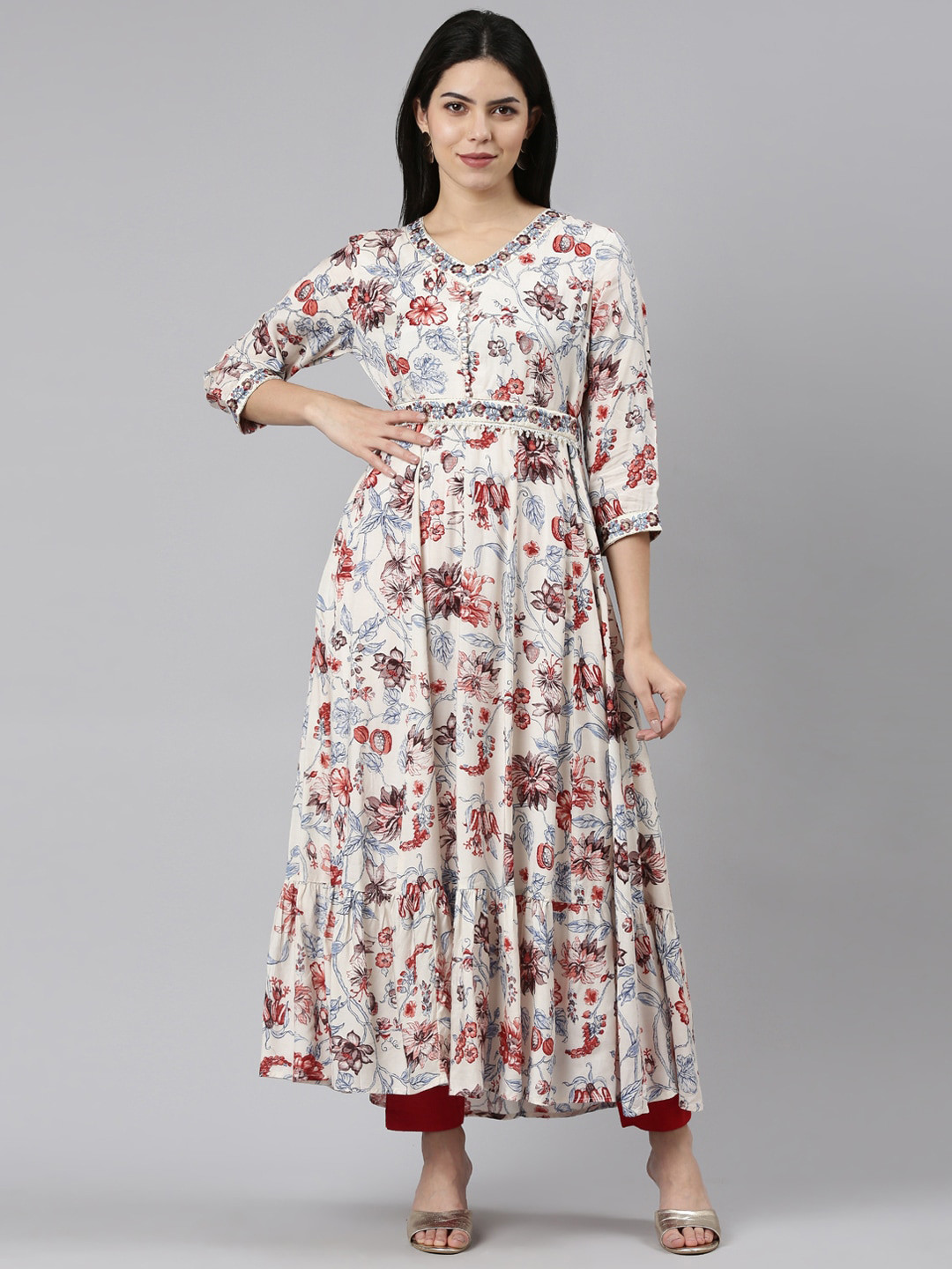 

Neerus Floral Printed Thread Work A-Line Kurta, White