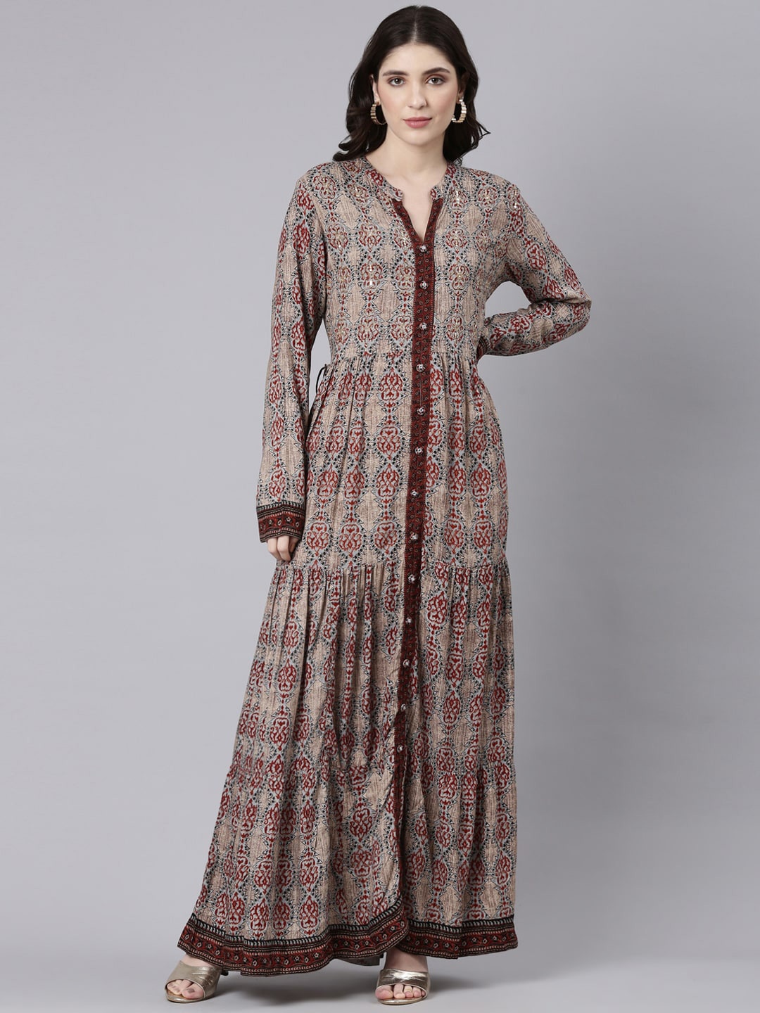 

Neerus Floral Printed Maxi Dress, Beige