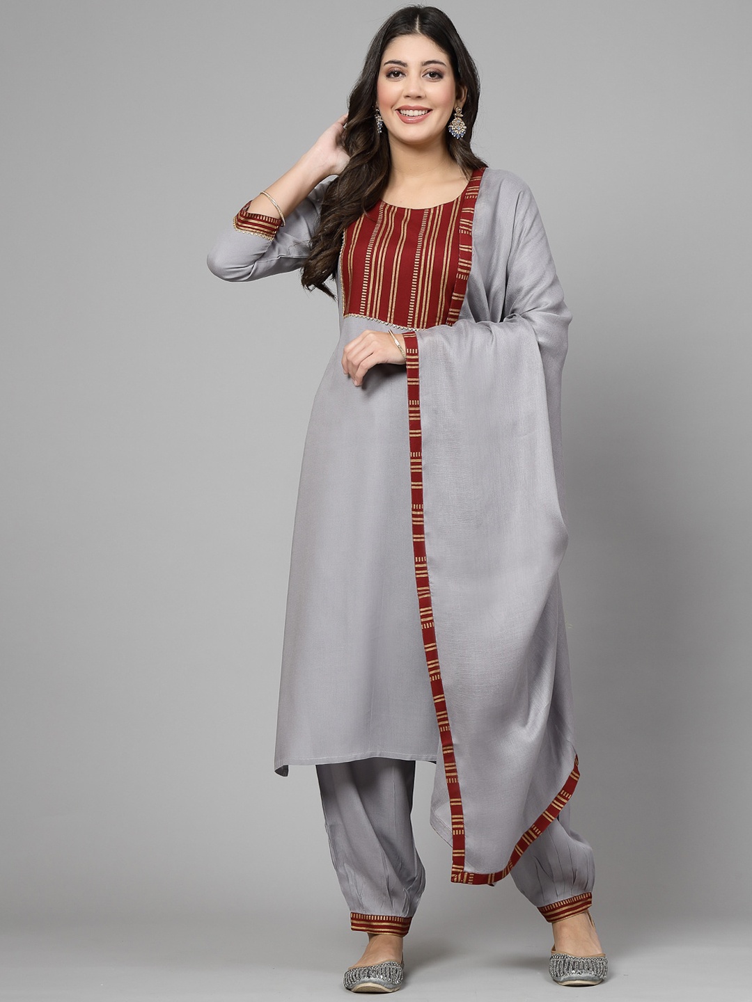 

KALINI Striped Yoke Design Kurta With Harem Pants & Dupatta, Grey