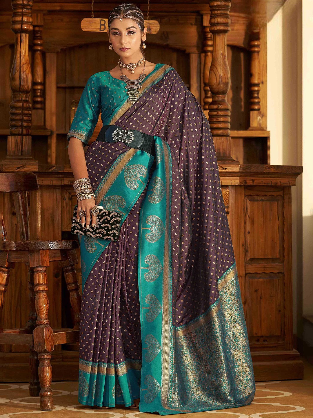 

Mitera Woven Design Zari Silk Blend Banarasi Saree, Brown