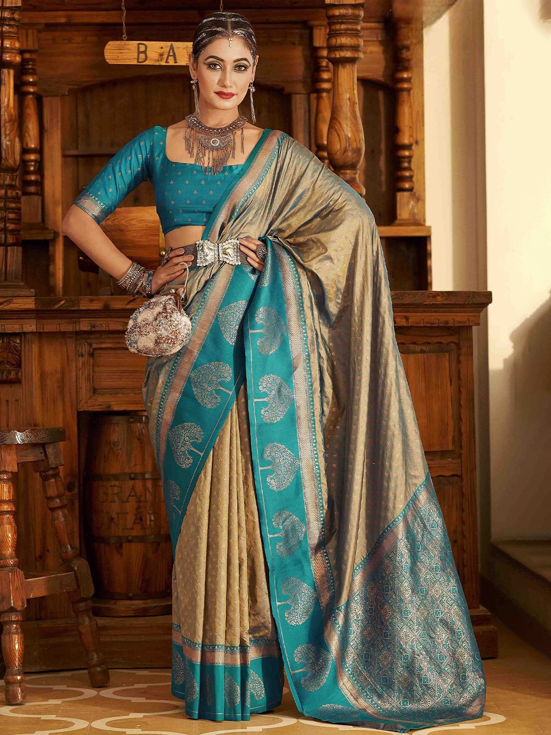 

Mitera Beige & Blue Ethnic Motifs Woven Design Zari Banarasi Saree