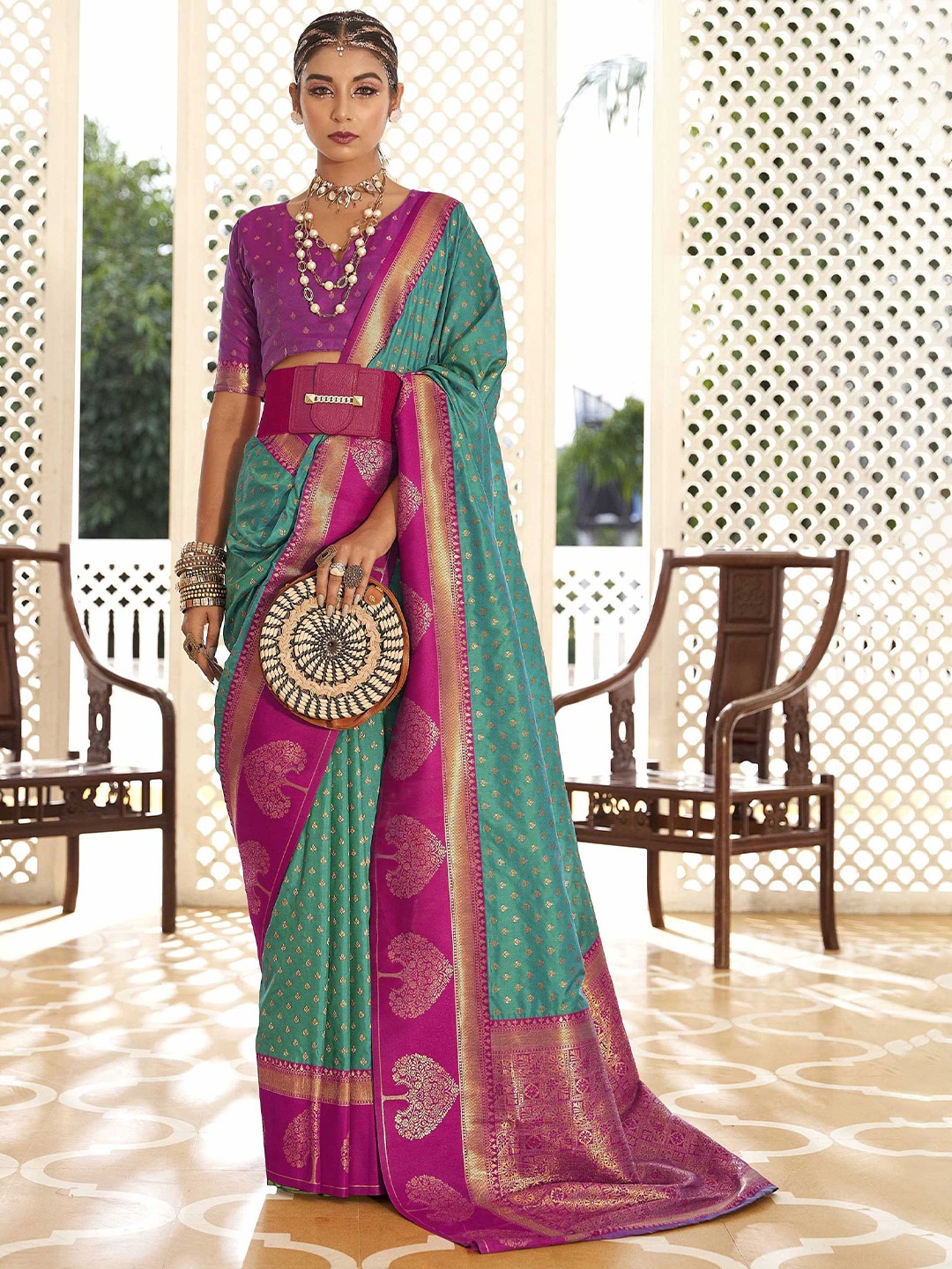 

Mitera Woven Design Zari Silk Blend Banarasi Saree, Blue