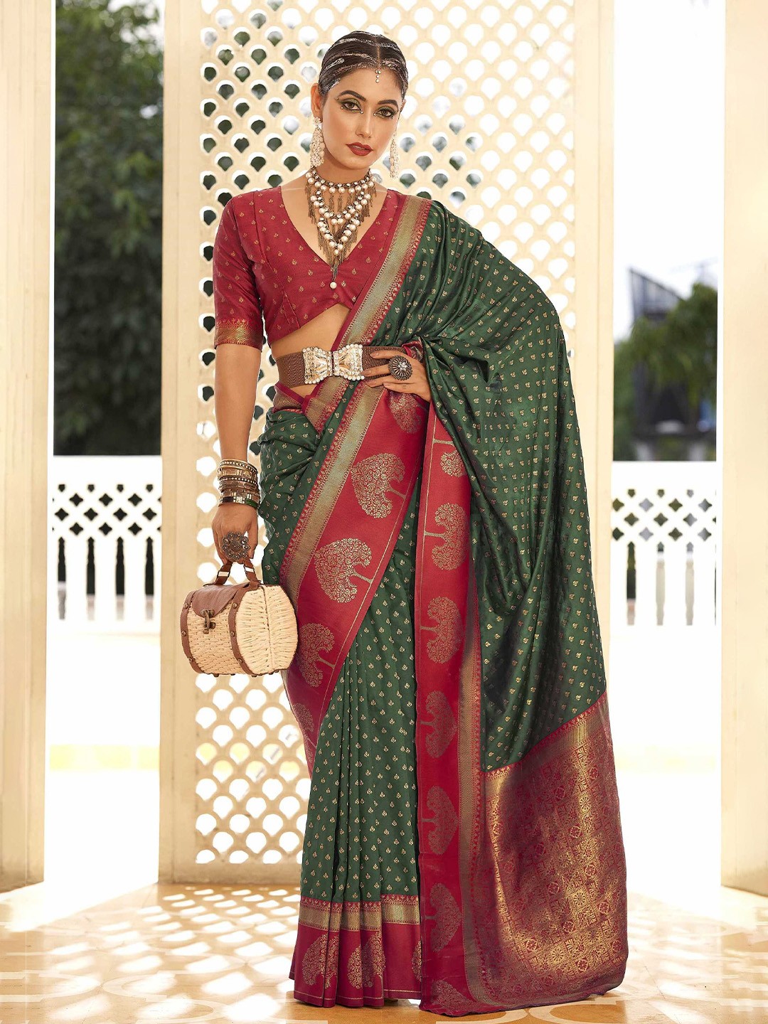 

Mitera Green & Red Ethnic Motifs Woven Design Zari Banarasi Saree