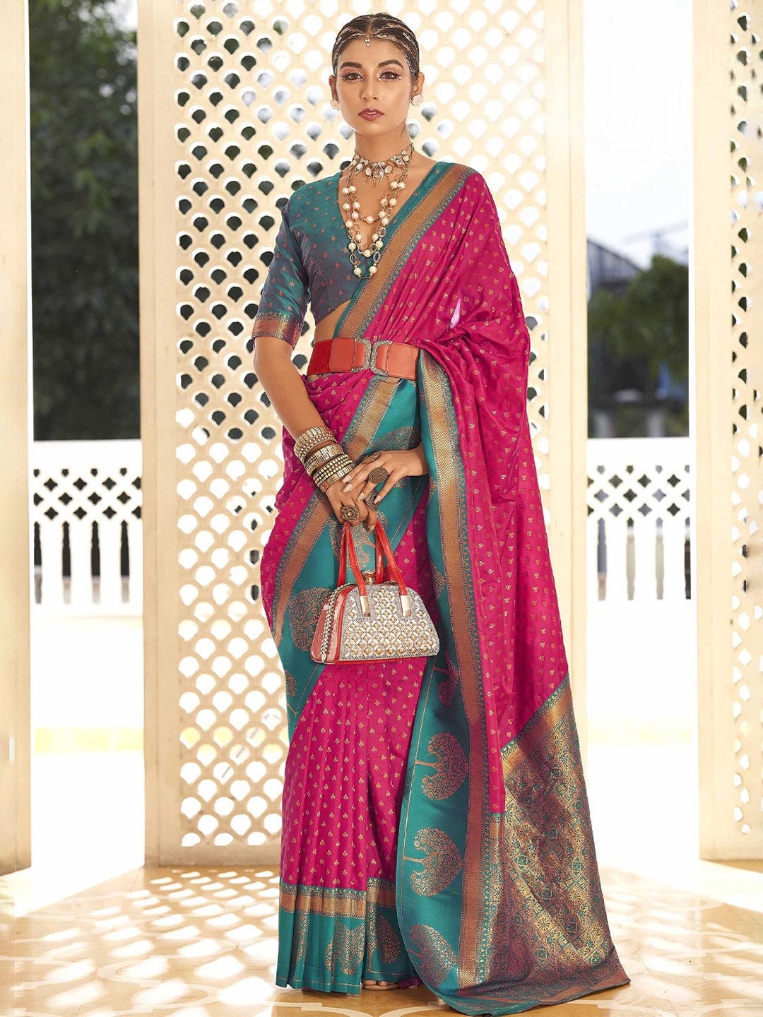 

Mitera Woven Design Zari Silk Blend Banarasi Saree, Pink