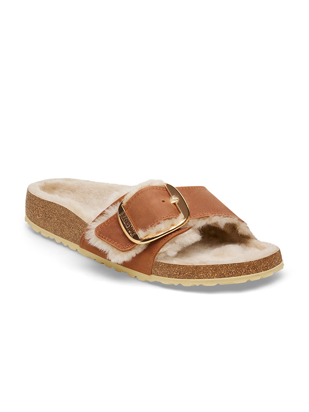 

Birkenstock Madrid Buckle Shearling Cognac Narrow Width Oiled Leather One-Strap Sandals, Brown