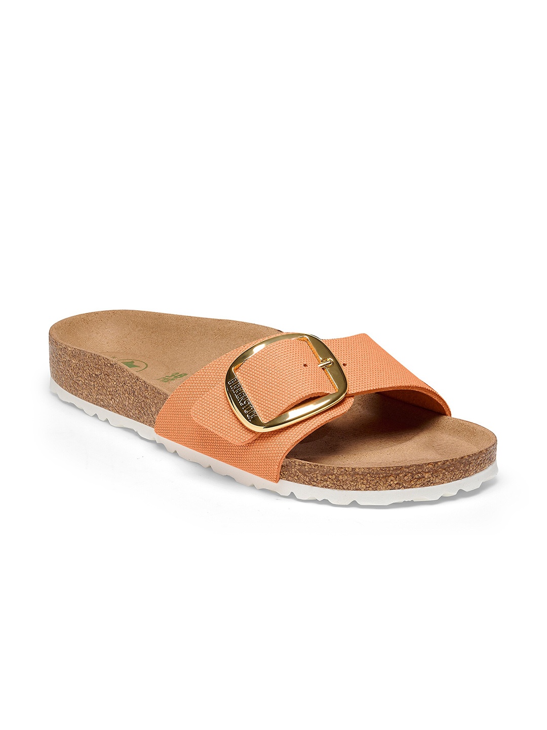 

Birkenstock Madrid Big Buckle Rivet Logo Vegan Canvas Papaya Narrow Width Textile Flats, Orange