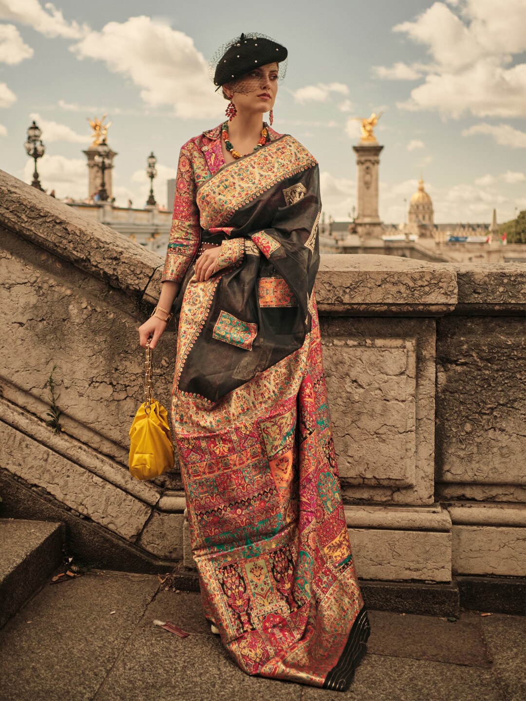 

Mitera Black & White Ethnic Motifs Woven Design Zari Banarasi Saree