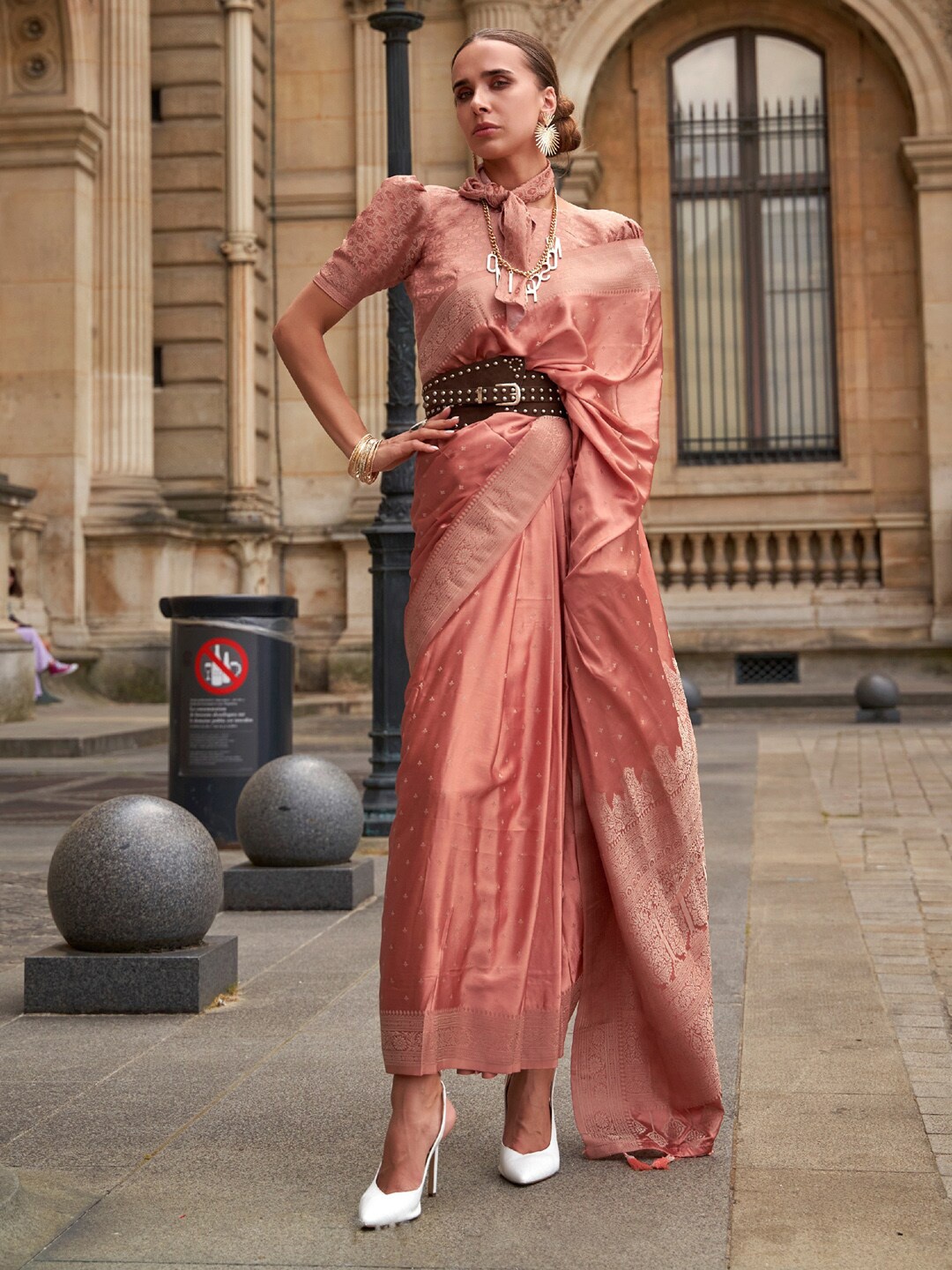 

Mitera Peach-Coloured & Gold-Toned Ethnic Motifs Zari Satin Designer Banarasi Saree
