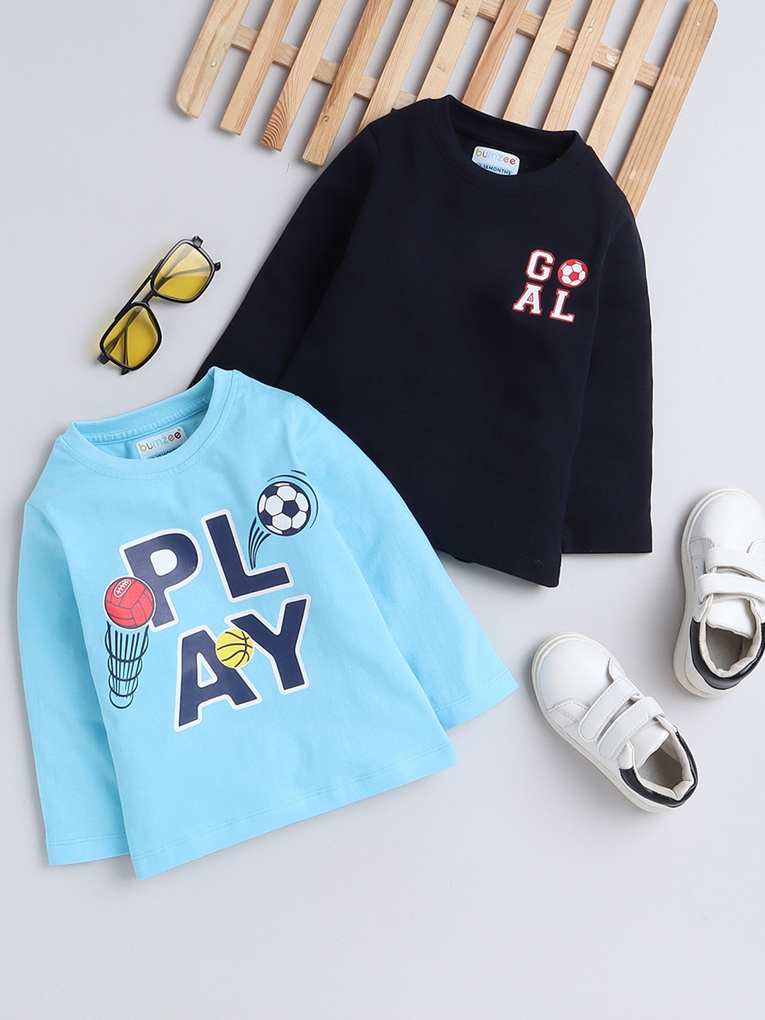 BUMZEE Boys Pack Of 2 Typography Printed Cotton Casual T-shirt, Blue