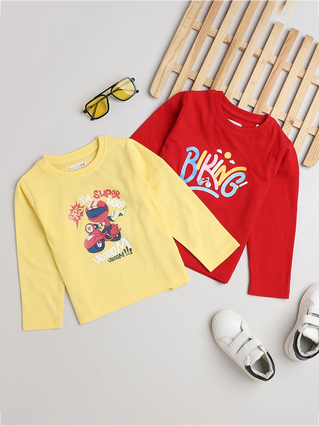 

BUMZEE Boys Pack Of 2 Graphic Printed Cotton T-shirt, Red