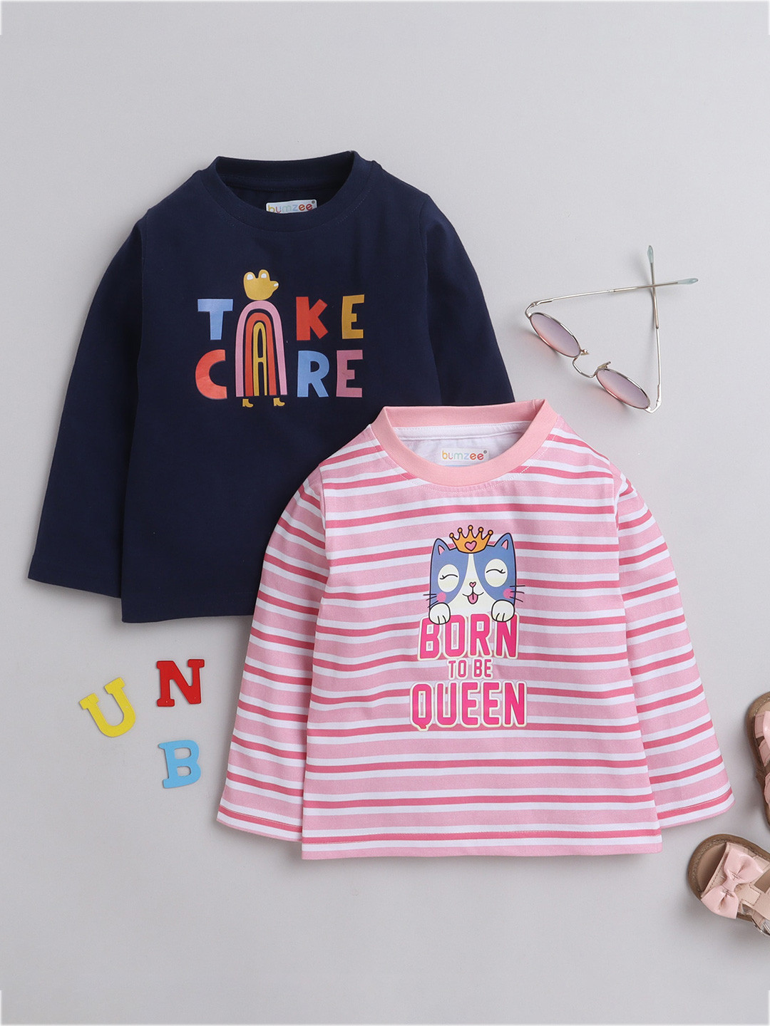

BUMZEE Girls Pack Of 2 Graphic Printed Cotton T-shirt, Navy blue